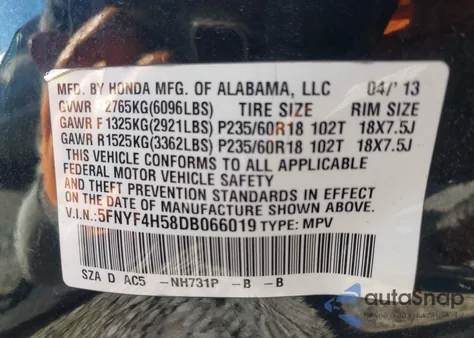 2013 Honda Pilot Ex-L z USA, uszkodzony, nr VIN 5FNYF4H58DB066019